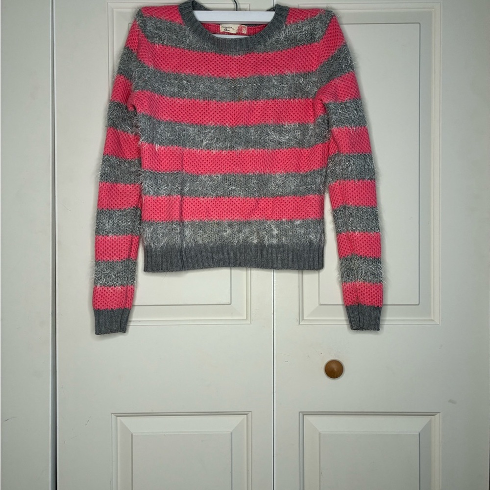 Vibrant Pink and Gray Striped Women's Sweater